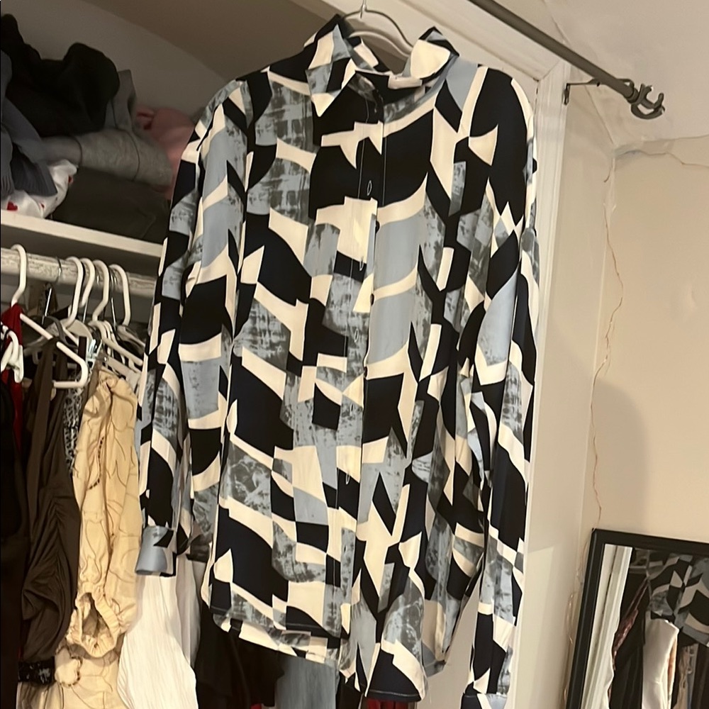 Geometric Black and White Button-Up Shirt
